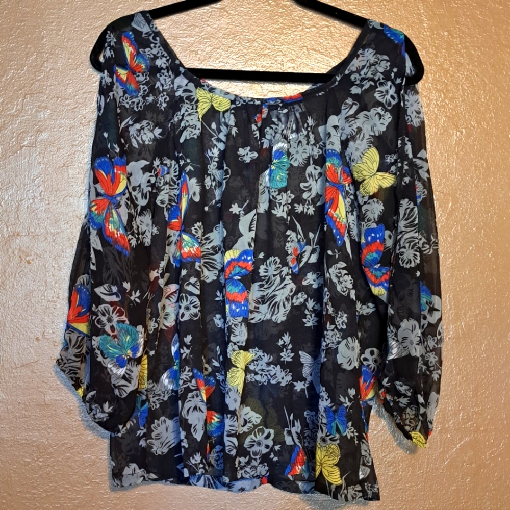 Pinky Sheer Black Printed 3/4 Sleeve Blouse Size XL